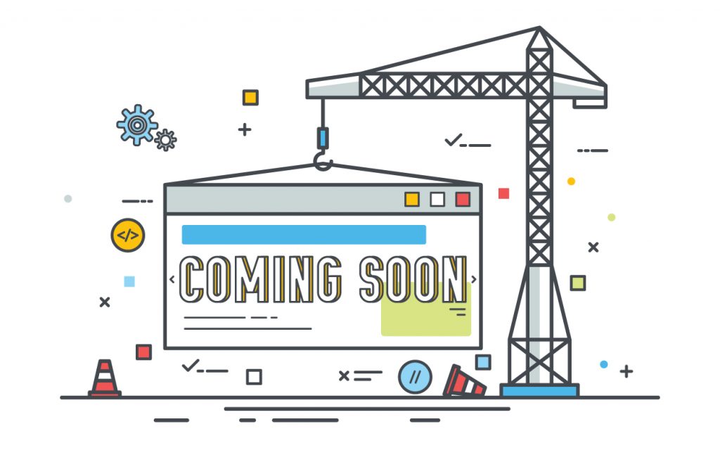 Image of a crane holding a webpage. The webpage has the words "Coming Soon" on it.